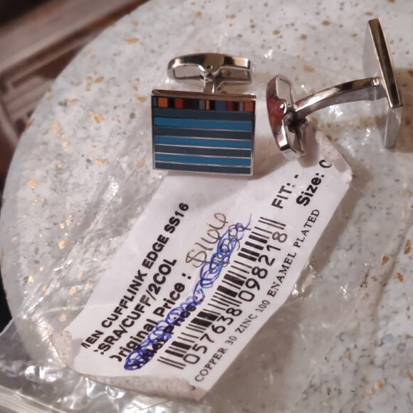 Paul Smith New Square Enameled Striped Logo Cufflinks Silver Tone - Picture 4 of 6